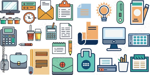 Fototapeta A collection of flat design icons representing office and business items, including a calculator, briefcase, clipboard, and computer, arranged neatly.