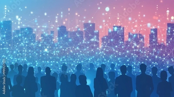 Fototapeta Crowd with Network Connections. Big Data, Smart City, and WiFi Concept