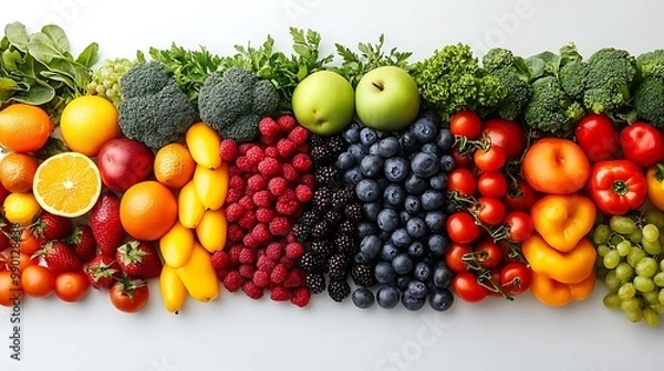 Fototapeta A fresh, vibrant display of fruits and vegetables arranged on a white surface with a large open space for text on the side