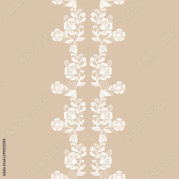 Fototapeta Elegant White Floral Lace Pattern on Beige Background with Delicate Details