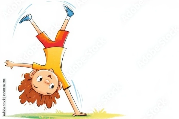 Fototapeta Child doing a handstand in playful outdoor setting