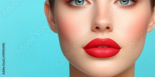 Fototapeta A striking billboard ad showing a cosmetics model with pristine skin, placed on the left, providing empty space on the right for marketing text or logos 