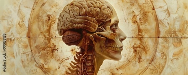 Obraz A detailed illustration of a human skull and brain, showcasing anatomical structure with a blend of artistic and scientific elements.