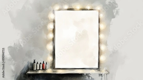 Fototapeta A well-lit vanity mirror with cosmetics in a stylish room, perfect for a morning routine or makeup application