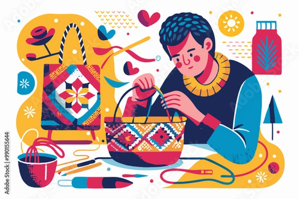 Obraz Colorful Illustration of Person Crafting Traditional Textile Art