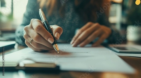 Fototapeta A woman writes in a cozy workspace, pen in hand, focused and illuminated by natural light