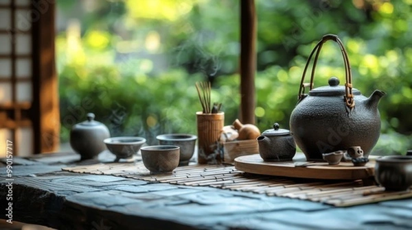 Fototapeta A tranquil tea setup with a cast iron teapot and ceramic cups in a serene garden setting during afternoon sunlight