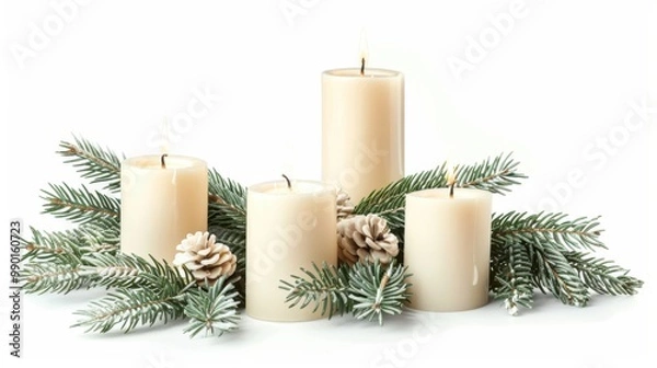Fototapeta Elegant arrangement of white candles surrounded by evergreen branches and pine cones for a serene winter atmosphere