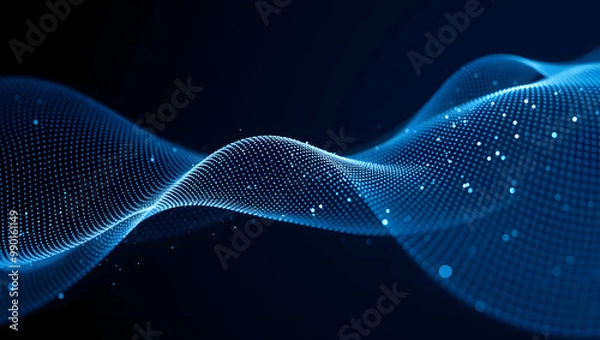 Obraz Abstract dot wave line with moving particles on dark background . Digital cyberspace, Big data analytics, 3d rendering, machine learning, and predictive analytics.