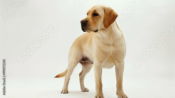 Obraz A charming dog standing on a pristine white background. The dog has an endearing expression and a confident stance. Its fur might be soft and shiny. The white background makes the dog stand out promin