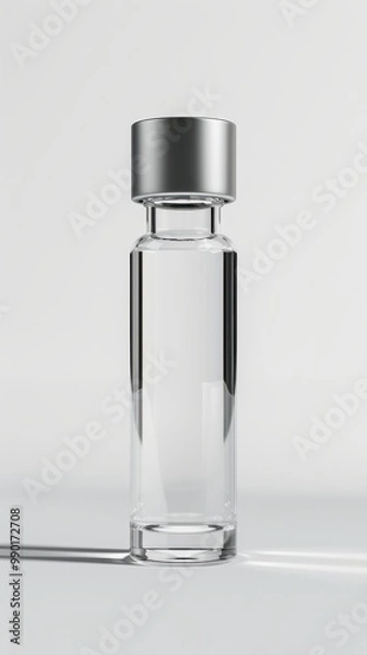 Fototapeta A clear bottle with a silver cap sits on a white background