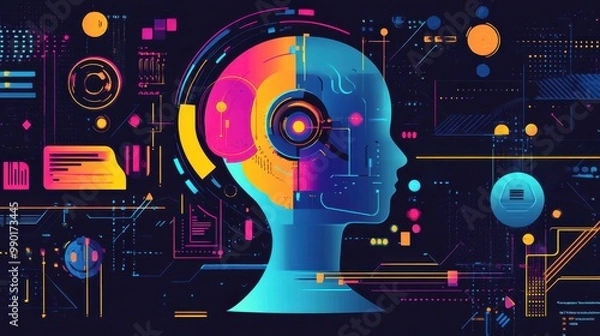 Fototapeta Futuristic human head with circuit patterns on a dark background highlights advancements in AI technology