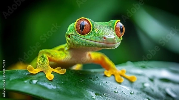 Fototapeta Close-up Portrait of a Green Gecko on a Leaf