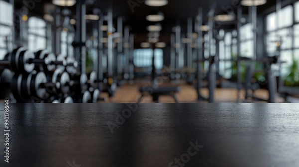 Fototapeta Black tabletop in the gym with barbells and dumbbells. Empty countertop mockup for sports nutrition product presentation