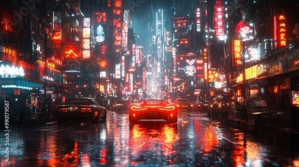 Fototapeta Neon Cityscape Under Rain
