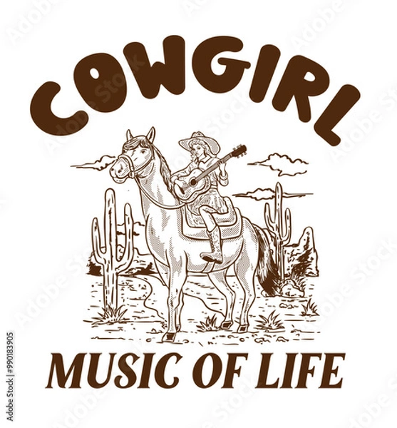 Obraz Cowgirl playing guitar while riding a horse
