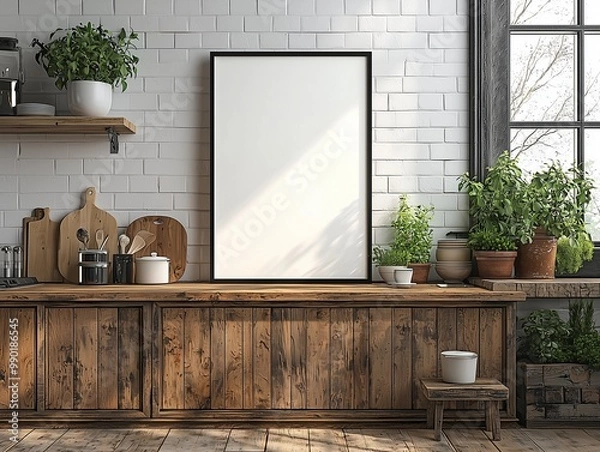 Fototapeta Blank picture frame in rustic kitchen with wooden counters and potted plants.