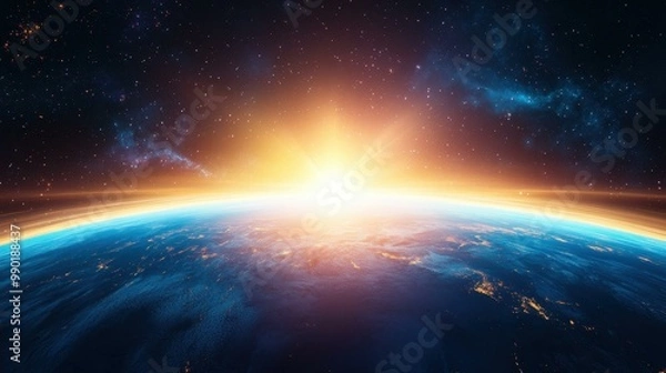 Fototapeta Experience a breathtaking cinematic sunrise, illuminating Earths horizon with dramatic clouds set against a stunning space backdrop.