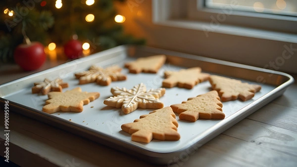 Fototapeta baked cookies cooling down on a stainless baking sheet by the window, biscuits in the shapes of stars, christmas trees, snow flakes lying on baking tray
