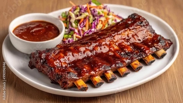 Fototapeta A plate features succulent barbecue ribs glazed with sauce, accompanied by coleslaw and a small bowl of dipping sauce.