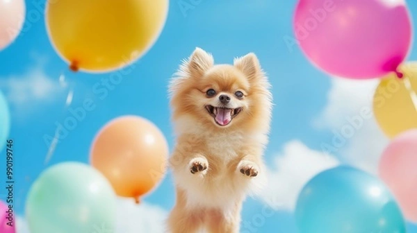 Fototapeta a cute Pomeranian jumping with joy and happiness, background is blue bright sky and colorful balloons.