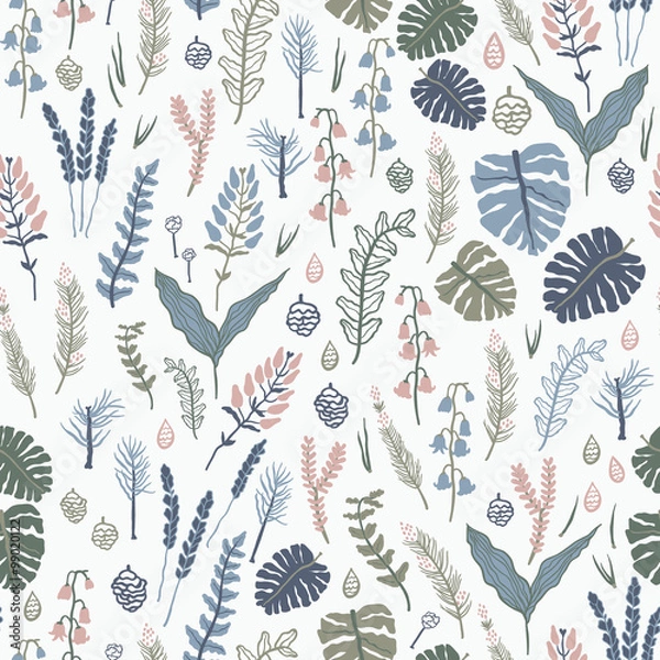 Obraz Trendy vector seamless pattern with forest plants, leaves, seeds and cones.