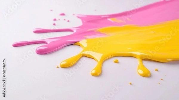 Fototapeta A close up of a paint splatter with yellow and pink, AI