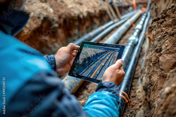 Fototapeta Engineer holding a tablet is scanning the installation and laying of heating pipes in a ditch at the construction site. Underground pipes for water, sewerage electricity and fiber optics for center