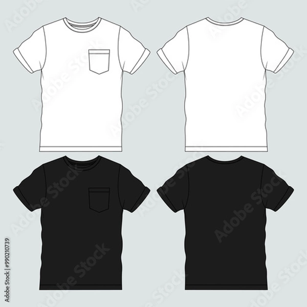 Fototapeta Short sleeve Basic T shirt overall technical fashion flat sketch vector illustration white  and black color  template front and back views. Apparel clothing mock up for men's and boys.
