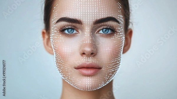 Fototapeta The focus is on a woman with striking blue eyes, her face adorned with a digital overlay that symbolizes the intersection of technology and beauty