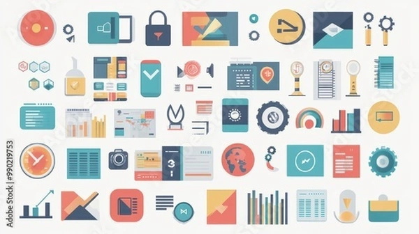Obraz Abstract vector collection of colorful flat business and finance icons. Design elements for mobile and web applications.