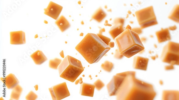 Fototapeta A bunch of brown cubes are flying through the air