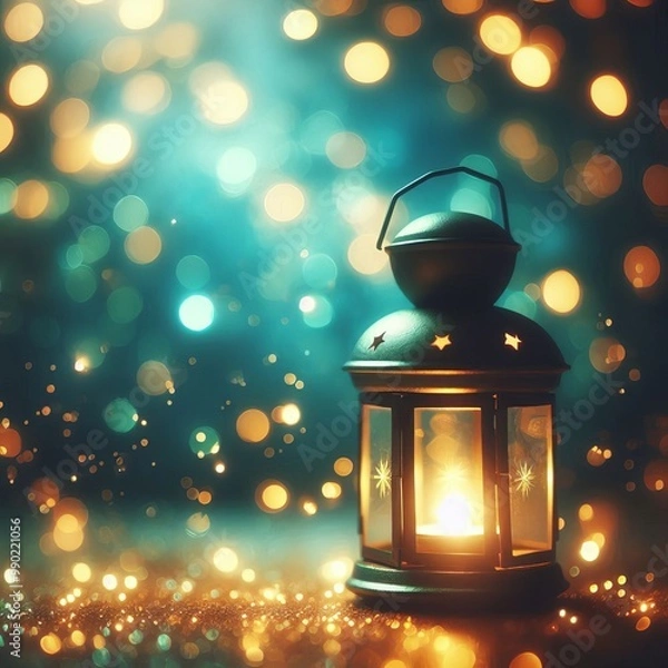 Fototapeta A Christmas lantern with a candle shines brightly in the night surrounded by delicate snowflakes