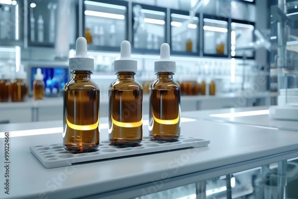 Fototapeta Biopharmaceuticals, Bottles of biopharmaceuticals with a modern lab backdrop
