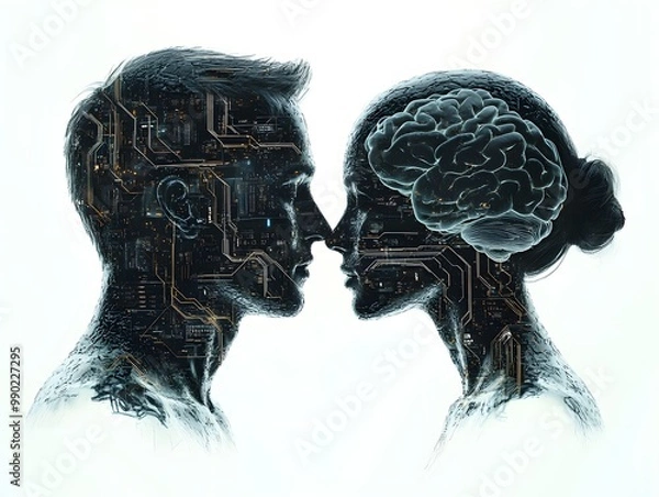 Fototapeta Transparent head profiles of a couple, their brains illuminated with electric circuits, representing open communication and emotional intimacy