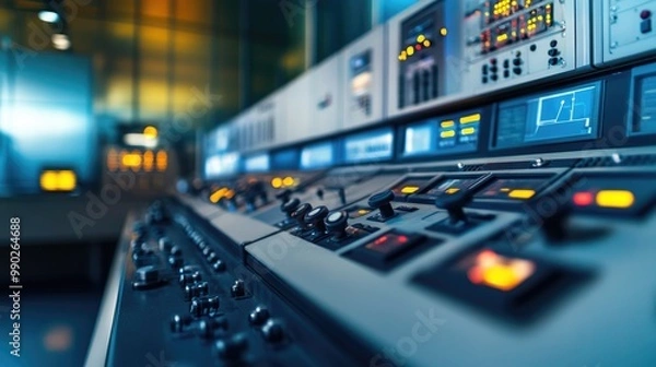 Fototapeta Control Panel with Buttons and Lights, Close-up View