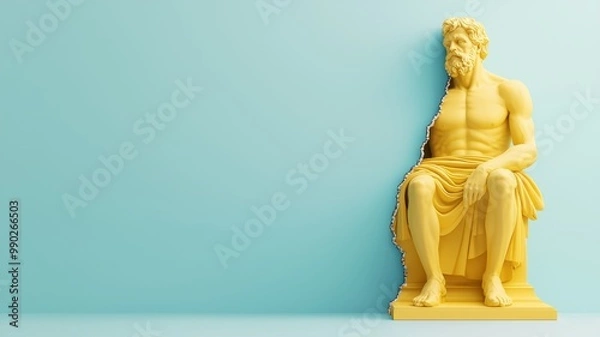 Fototapeta A yellow statue of a seated male figure rests against a light blue wall, showcasing a blend of classical art and modern design elements.