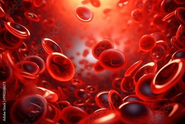 Fototapeta Red blood cells floating on a biological background. Suitable for medical presentations, educational materials, and science related designs. Generative AI