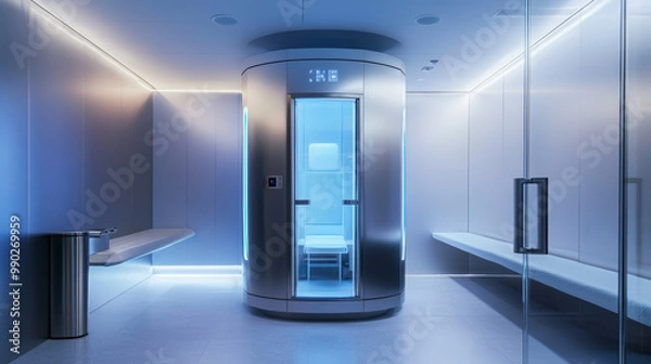 Fototapeta A high-tech cryotherapy chamber in a sleek, minimalist wellness facility with blue lighting, emphasizing advanced health and recovery technology.
