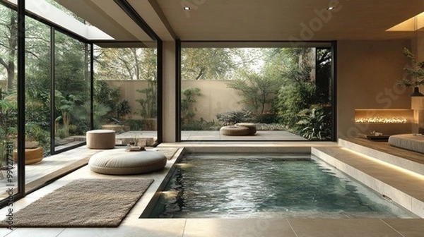 Obraz Modern indoor spa with a serene view of nature.