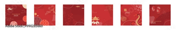 Fototapeta 2025 Year of the Snake Luxury Square Poster Collection with Lanterns, Asian Clouds in Red and Gold Colors. Premium Templates Featuring Temples and Zodiac Snake Symbols for Chinese New Year Posts.