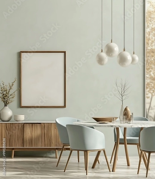 Fototapeta Dining Room with Round Marble Table and Pendant Lights