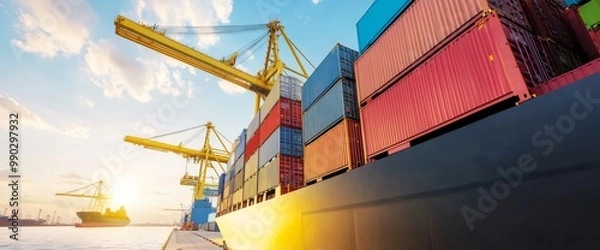 Obraz Cargo Ship Docked At Port With Colorful Containers