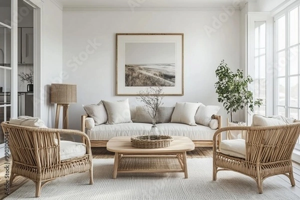 Fototapeta Scandinavian Living Room with a Classic Scandinavian vibe. Woven rattan chairs furniture, a light wood flooring floor