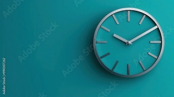 Obraz Retro mid-century metal wall clock, sleek design, brushed metal finish, minimalist backdrop, 3D illustration