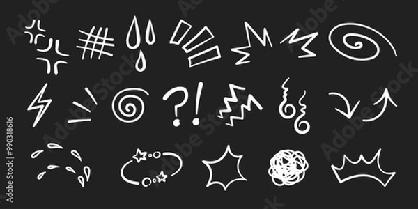 Fototapeta Manga or anime comic emoticon element graphic effects hand drawn doodle vector illustration set isolated on black background. Line style manga doodle line expression scribble anime mark collection.