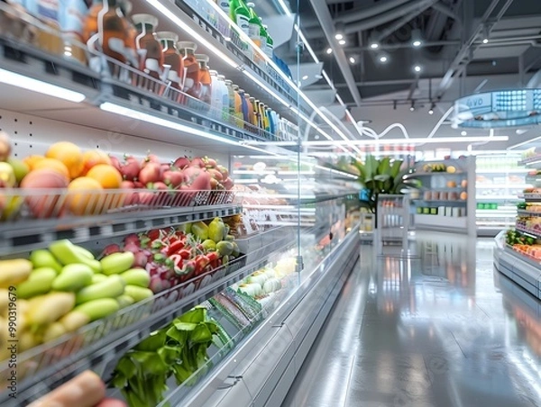 Obraz Bioengineered Foods in a Futuristic Grocery Store Showcasing Enhanced Nutrition and Synthetic Biology Innovations
