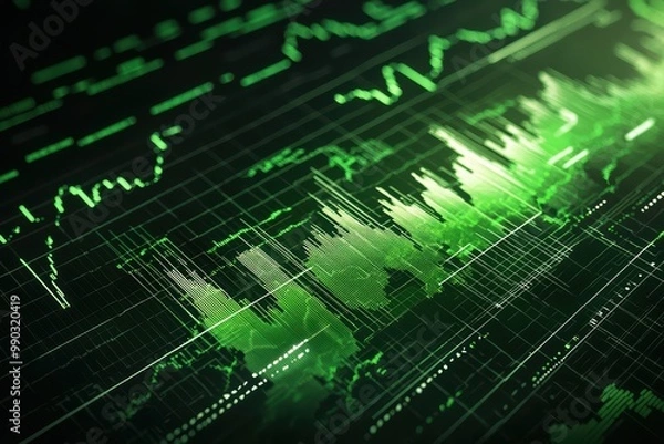 Fototapeta Abstract digital financial chart with green data visualization on a dark background.