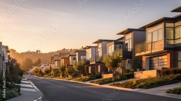 Fototapeta A peaceful row of modern houses is bathed in soft golden sunlight, creating an inviting neighborhood scene that exudes calm and warmth.