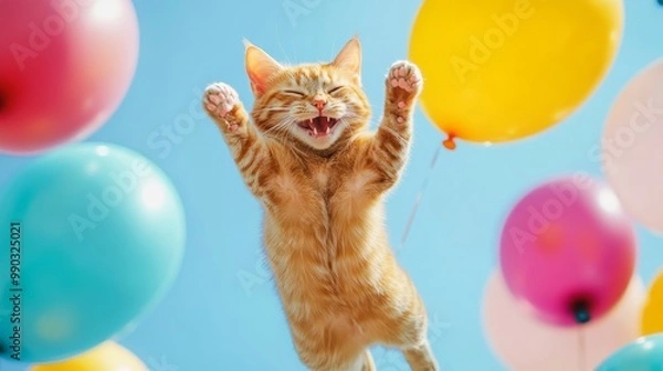 Fototapeta a ginger cat jumping, expressing his joyful and happiness. on the blue bright sky and colorful balloons.